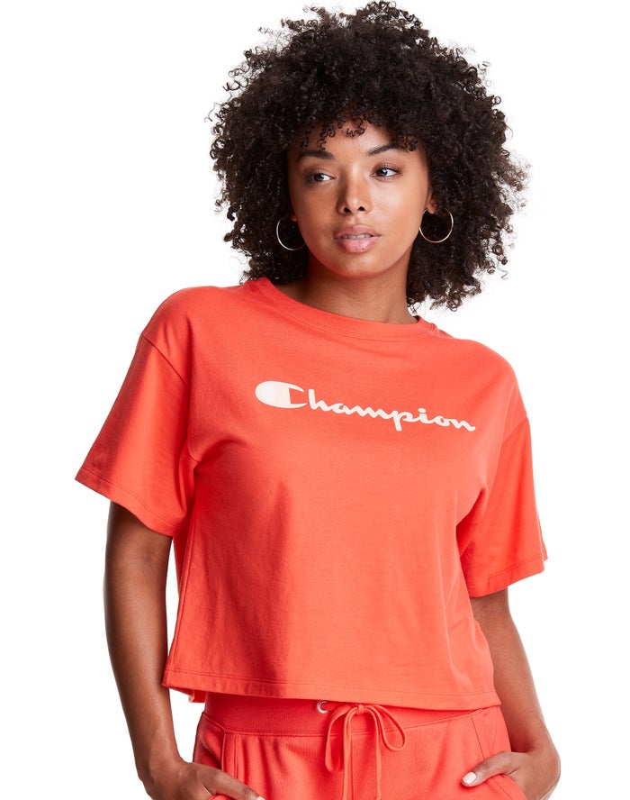 Champion Dame T-Shirts Orange - Cropped Script Logo - Danmark MYX-534620